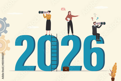 Business people looks through binoculars to year 2026. Woman boss looking into distance. Overcome obstacles in 2025 and starting successful 2026 year. Reach success,