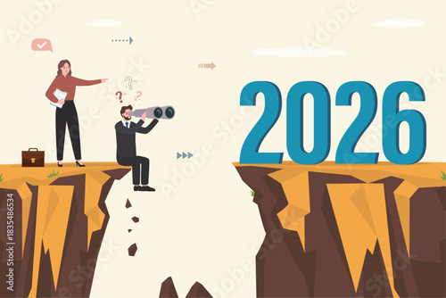 Business man looks through binoculars to year 2026. Woman boss looking into distance. Overcome obstacles in 2025 and starting successful 2026 year. Reach success,