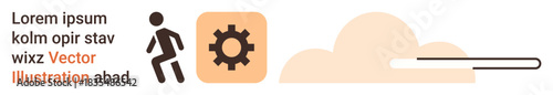 Process management, workflow optimization, progress tracking, technology integration, automation, user interface design concept. A person figure, gear icon cloud and progress bar. Process