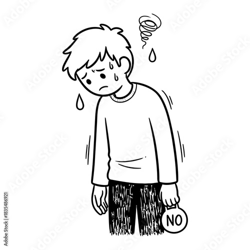 Hand-Drawn Line Art of Stressed Man Holding "NO" Weight