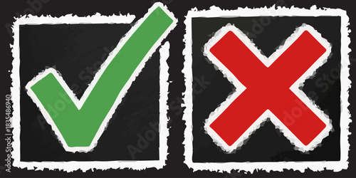 Green Checkmark and Red Cross Boxes - Decision Concept Graphic, Chalk Style Tick and X Marks - Right and Wrong Vote Buttons, business presentations, voting concepts, survey results, and modern graphic