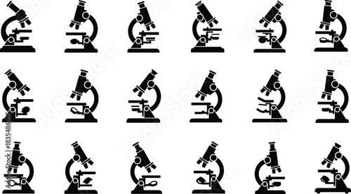 Black Microscope Silhouette Set, Laboratory Science Equipment Collection, Compound Light Apparatus Isolated on White Background, Research and Education Tool Flat Vector Illustration