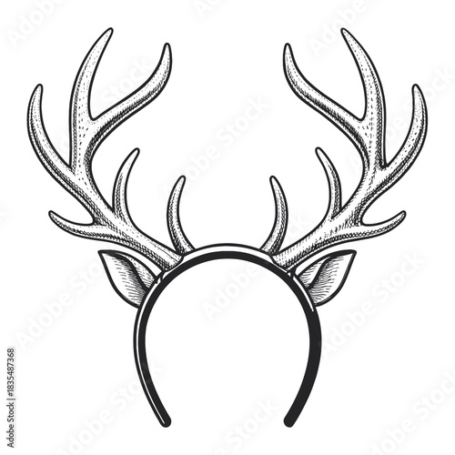 A black and white sketch of a reindeer antler headband with ears on a white background design element