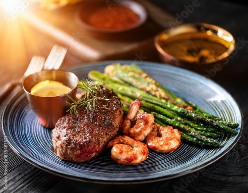 steak lobster surf turf meal platter with asparagus and epicure flare