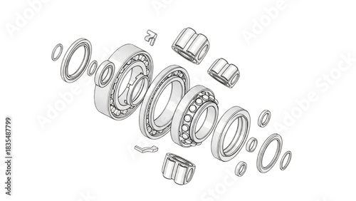 Exploded View of Mechanical Bearing Assembly, Engineering Illustration, Technical Diagram, White Background, Isometric View, Precision Components