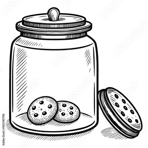 A drawing of a cookie jar with two cookies inside and the lid leaning against the jar on the side