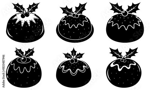 Illustration of six christmas puddings with holly and icing in black and white silhouette style design element