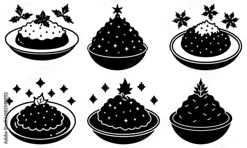 Collection of christmas puddings with various toppings in bowls black and white design element vector