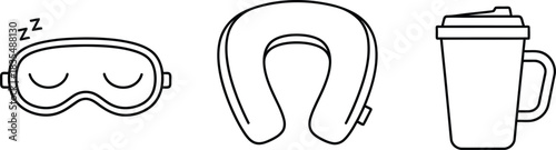 Travel essentials for comfort: sleep mask, neck pillow, and travel mug on white background.