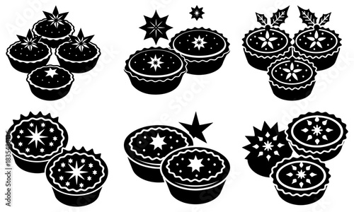 Collection of christmas mince pies decorated with stars and holly in black and white style