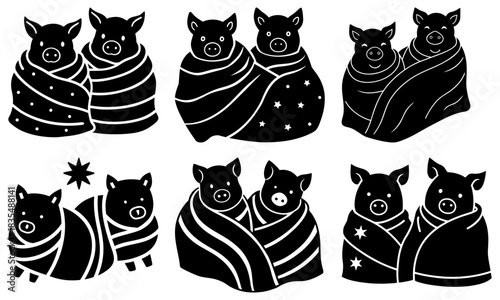 Illustrations of pairs of pigs wrapped in patterned blankets in black and white vector format style design