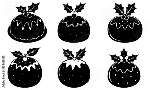 Illustration of six christmas puddings with holly on top in a black and white color scheme design