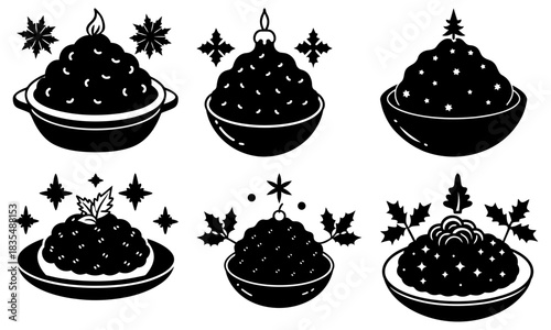 Six black and white christmas puddings with various toppings and decorative elements arranged nicely