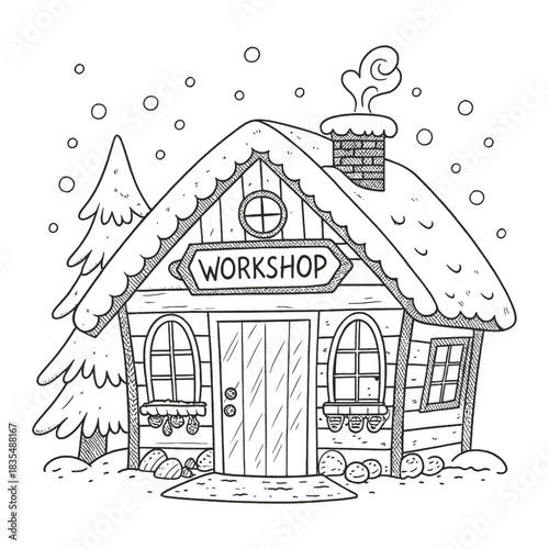 A black and white drawing of a workshop covered in snow with a christmas tree nearby in the winter