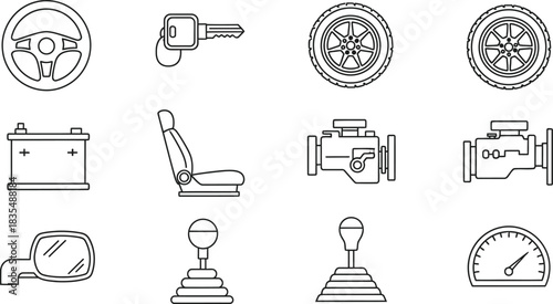 Collection of automotive icons representing essential car parts and controls