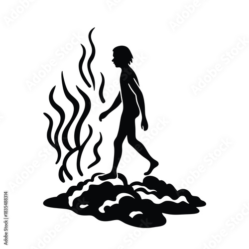 Fire Walking Silhouette Ritual Illustration