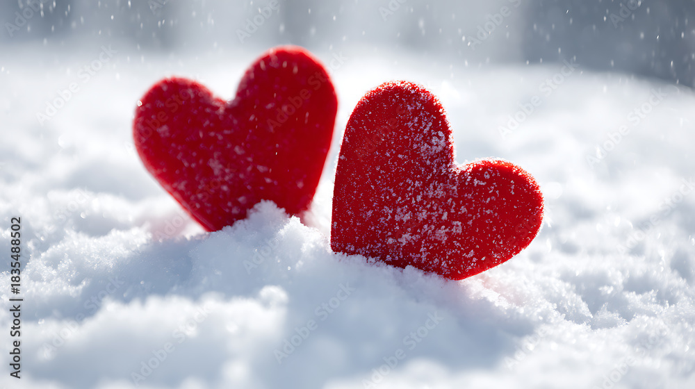 Fototapeta premium Two bright red hearts stand nestled in the fresh, powdery snow. The scene is softened by falling snowflakes, creating a romantic and serene winter love scene, perfect for Valentine's Day.