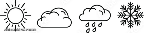 Simple line icons depict sun, clouds, rain, and snowflake for weather forecast