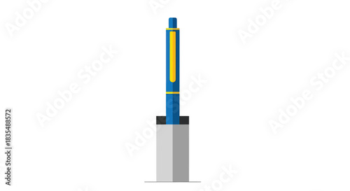 Blue/yellow pen in grey holder, centered