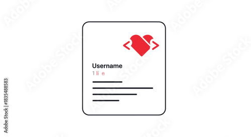 Rounded square layout with username, info lines, and a heart icon with brackets