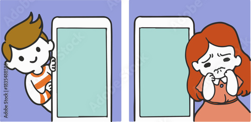 Boy Smiling and Girl Crying Smart Phone Scene Vector. Perfect for digital communication themes, online emotions, kid media, educational materials, social media awareness, and emotional expression.