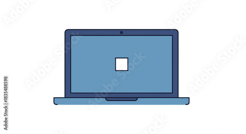 Simple laptop illustration with light blue screen & dark blue outline, featuring a centered white square