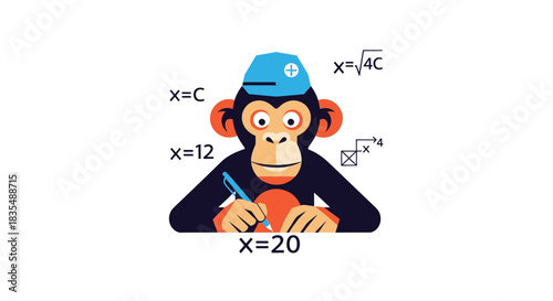 Cartoon monkey wearing a cap, doing math