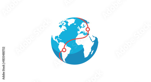 A globe featuring a curved red path connecting two locations