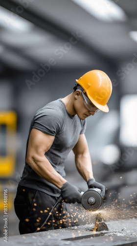 Industrial Worker Using Bench Grinder to Sharpen Metal in Workshop.