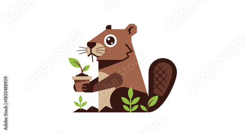 Stylized beaver holding a potted plant