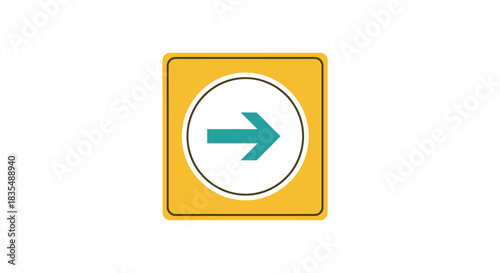 Yellow square sign with rounded edges, white circle, and teal right arrow