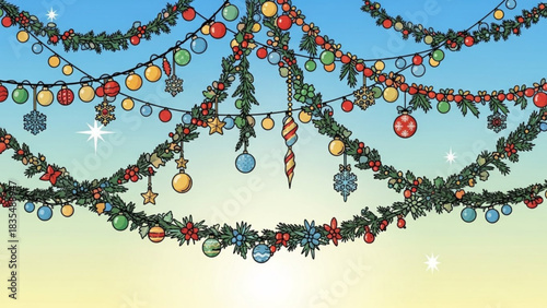 Festive christmas garlands adorned with colorful ornaments and twinkling lights hang against a gradient sky evoking a joyful holiday atmosphere and winter celebration