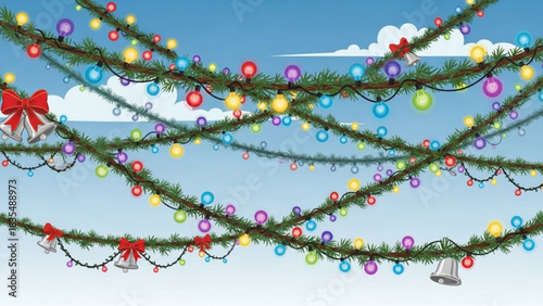 Festive christmas garland with colorful lights and bells strung across a bright blue sky with fluffy white clouds celebrating the holiday season