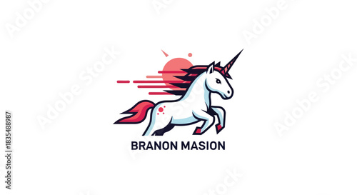 Dynamic unicorn logo featuring flowing mane, tail, and sun backdrop