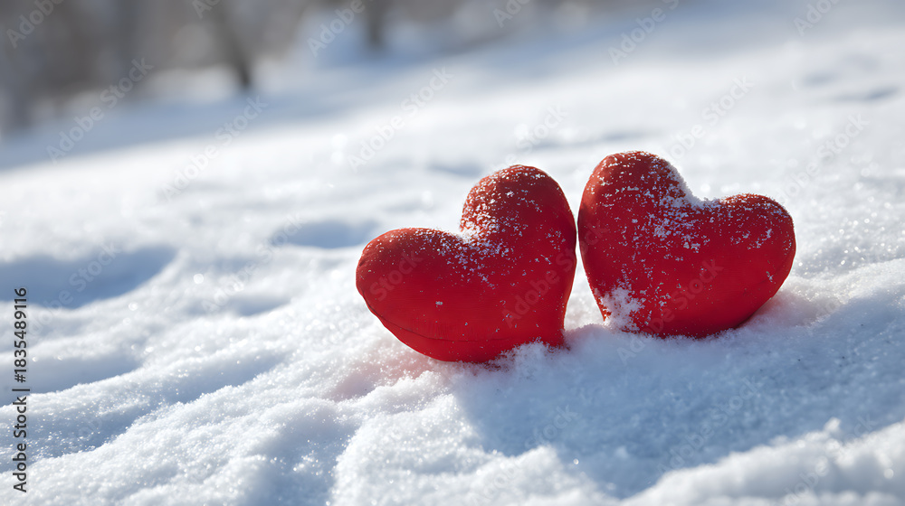 Fototapeta premium A romantic scene unfolds with two red hearts nestled in glistening snow, illuminated by soft light. Symbolizing love's warmth amid winter's chill, it's a serene, emotive moment.