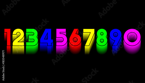 Colorful numbers from one to zero on black background with reflections