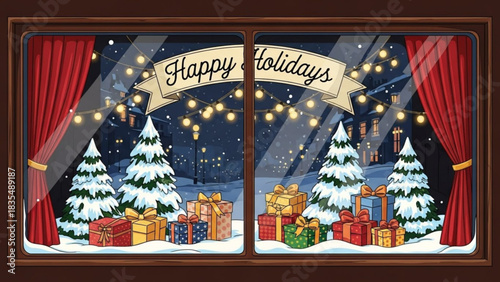 Cozy winter holiday scene displayed in a shop window with snow covered pine trees festive gift boxes and twinkling string lights against a charming snowy village backdrop