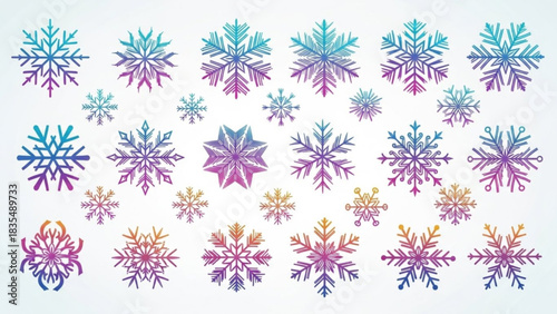 A vibrant collection of diverse snowflake illustrations featuring a gradient color palette of blues purples and pinks against a clean white background