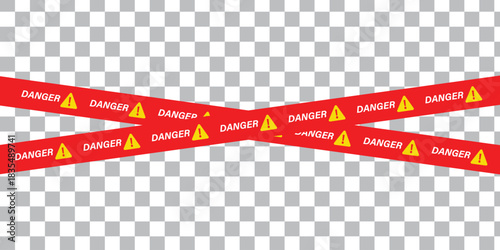 Crime scene Danger! with sign in red tape ribbon on transparent background.