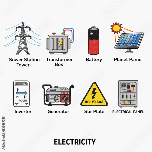 Electricity hand-drawn icons collection