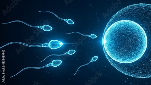 Sperm cells approaching an egg cell in a digital illustration  