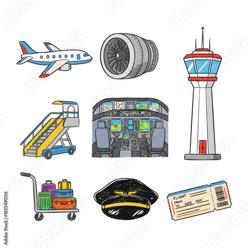 Aviation and airports cartoonish illustrations set