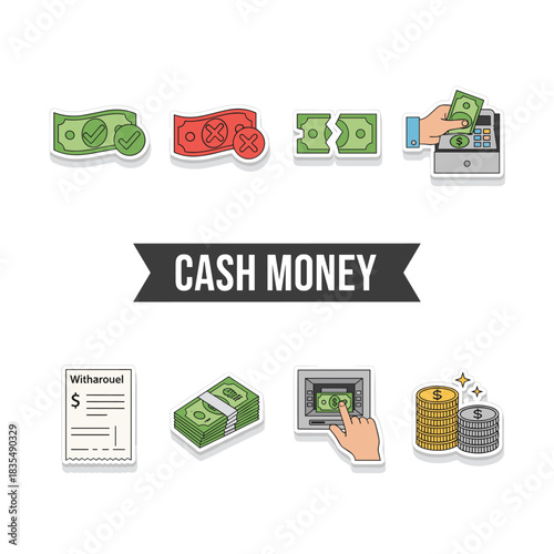 Cash and money flat icons set