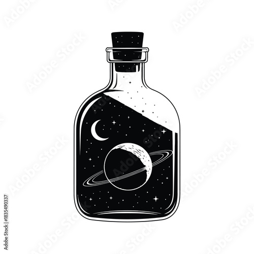 A glass bottle with a cork stopper filled with a swirling galaxy and planets