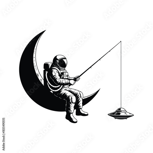 Astronaut fishing for a ufo while sitting on a crescent moon in outer space