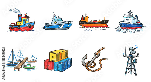 Maritime cartoon illustrations set