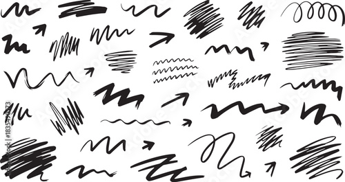 Charcoal scribble stripes, handdrawn arrows & messy marker waves. Chalk-doodle scratches, squiggles & numeric strokes. Vector illustration of ink-smeared sketch lines