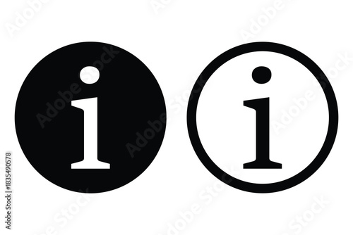 Universal Black and White Information Sign circle Icons: Essential 'i' Symbol for Details, Help, FAQs, Customer Service, and Support.