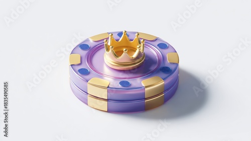 Close-up of a gambling chip with a golden crown, set against a plain white backdrop