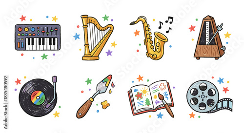 Artistic and Musical Icons Set with Colorful Stars